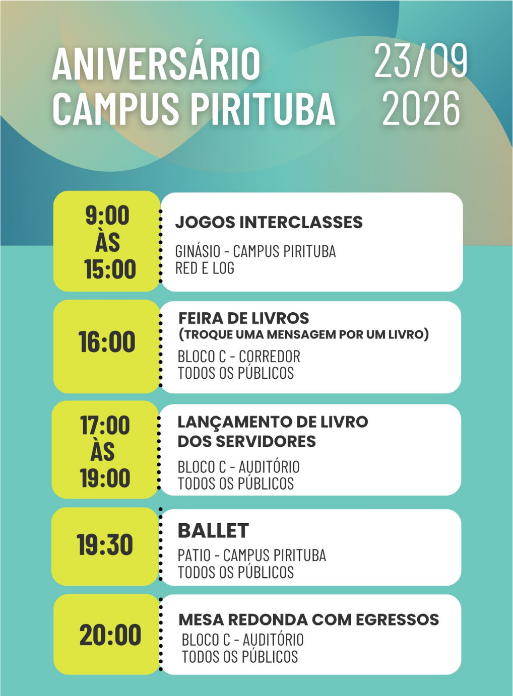 Programação do aniversário do Campus São Paulo Pirituba — 23 de setembro