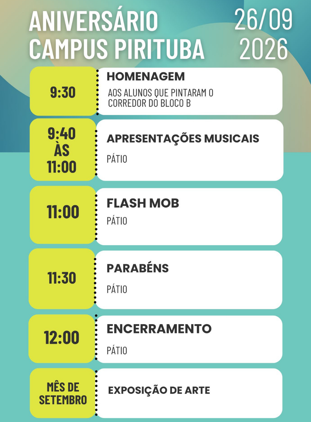 Programação do aniversário do Campus São Paulo Pirituba — 26 de setembro